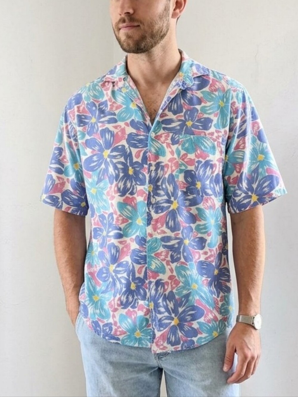 Vintage Pro Spirit 90s Neon Floral Hawaiian Button Down Shirt - Size M
